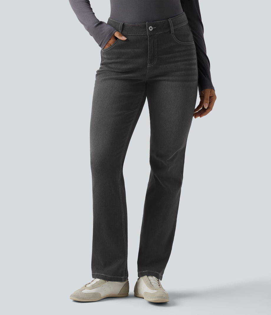 Halara Flex™ Low Rise Zipper Pockets Washed Casual Bootcut Jeans - Deep Ink Black Denim