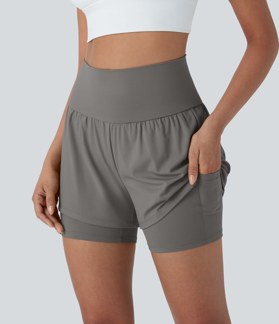 SoftlyZero™ Airy Super High Waisted 2-in-1 Cool Touch Yoga Shorts 5'' with Pockets - Steeple Gray