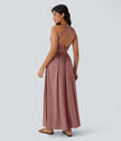 Twisted Backless Split Flowy Maxi Resort Dress with Pockets - Brick Red Mix
