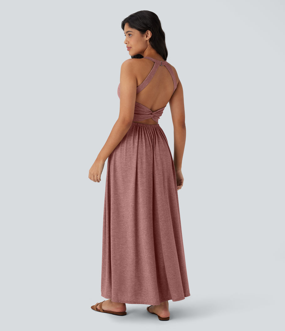 Twisted Backless Split Flowy Maxi Resort Dress with Pockets - Brick Red Mix