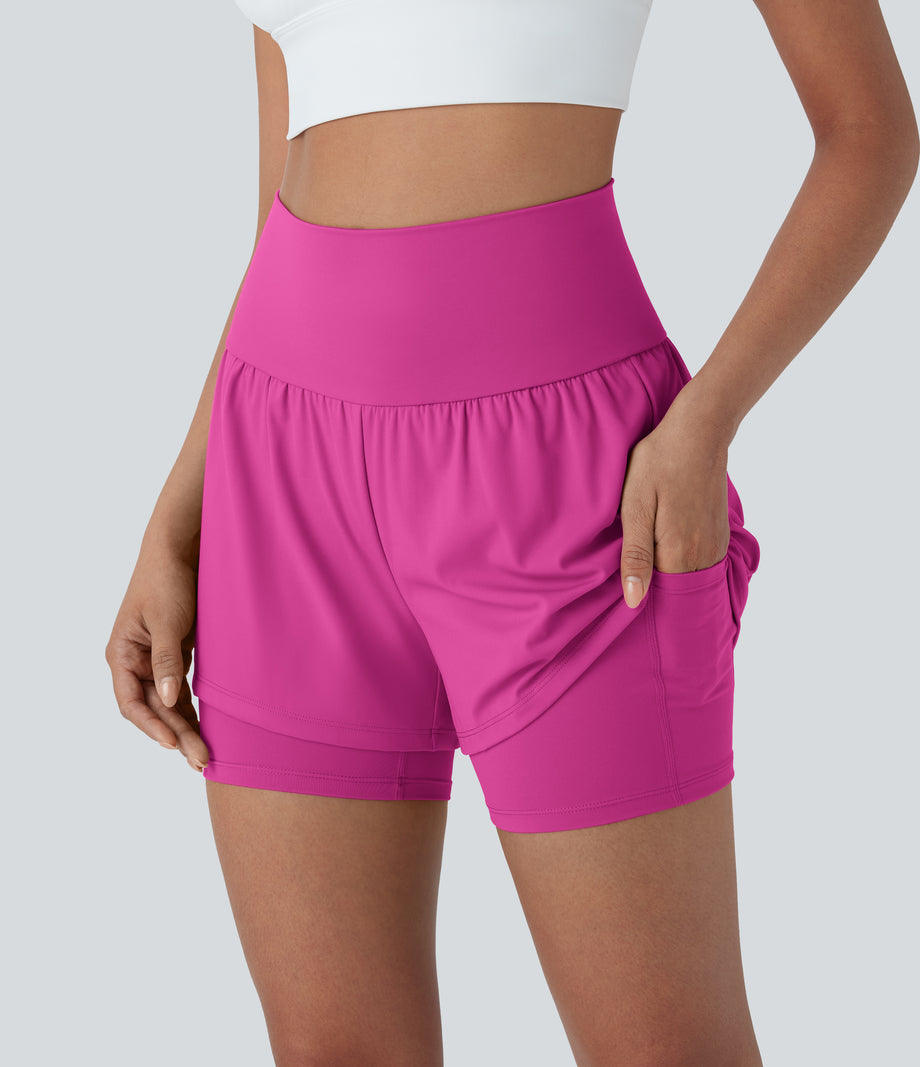 SoftlyZero™ Airy Super High Waisted 2-in-1 Cool Touch Yoga Shorts 5'' with Pockets - Fuchsia Fedora