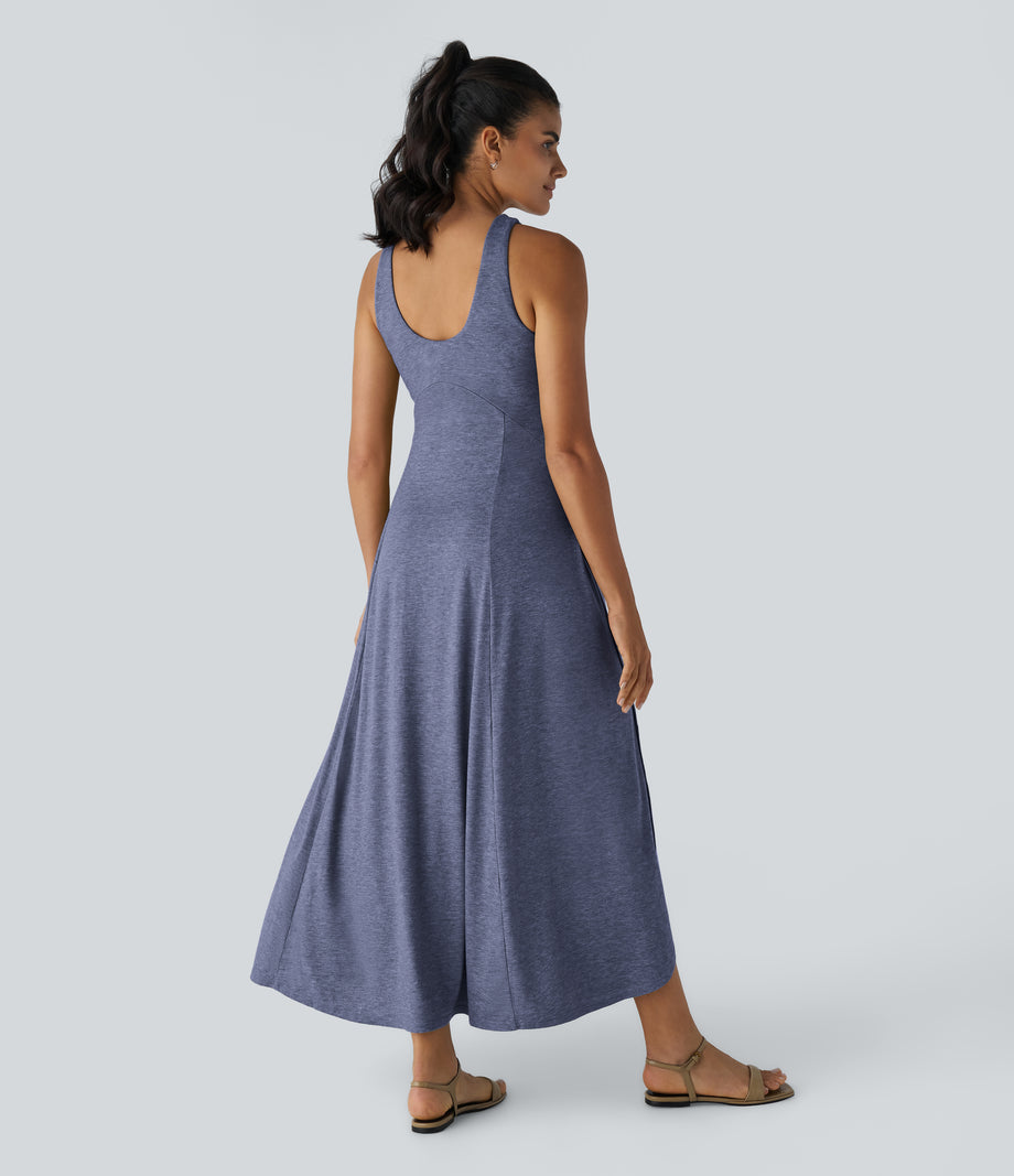 U Neck Flowy Maxi Casual Tank Dress - Mottled Indigo