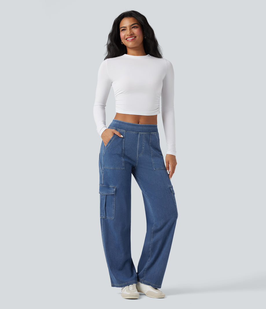 Halara Flex™ Mid Rise Pockets Straight Leg Casual Cargo Jeans - Light Floral Blue Denim