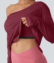 One Shoulder Long Sleeve Thumb Hole Curved Hem High Low Quick Dry Yoga Sports Top-Built-in Bra - Tibetan Red