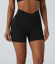 SoftlyZero™ High Waisted Crossover Contrast Lace Pocket Yoga Biker Shorts 5''-UPF50+ - Black