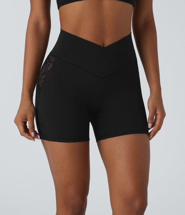SoftlyZero™ High Waisted Crossover Contrast Lace Pocket Yoga Biker Shorts 5''-UPF50+ - Black