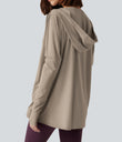 Hooded Cowl Neck Long Sleeve Thumb Hole Yoga Sports Top with Pockets - Humus