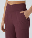 DayStretch Crossover Pocket Hem Wide Leg Yoga Pants-Smile - Red Mahogany
