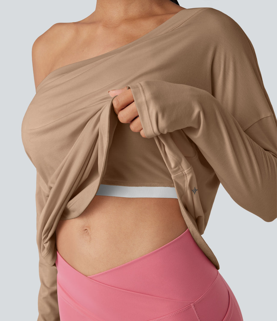 One Shoulder Long Sleeve Thumb Hole Curved Hem High Low Quick Dry Yoga Sports Top-Built-in Bra - Praline