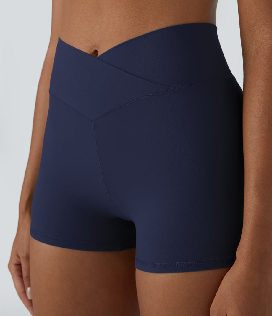 SoftlyZero™ High Waisted Crossover Plain Yoga Biker Shorts 3''-UPF50+ - Peacoat