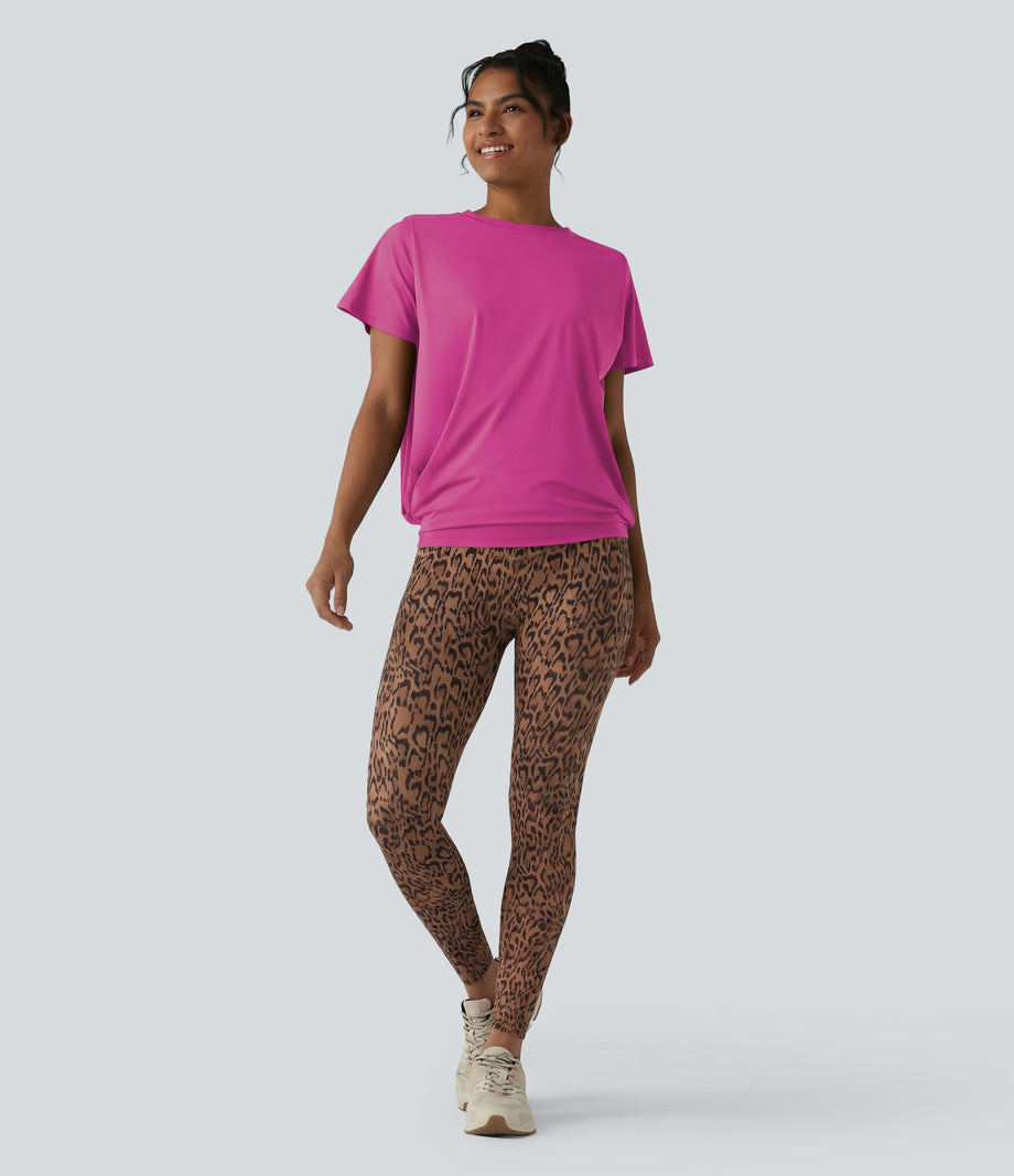 Round Neck Short Sleeve Ruched Cool Touch Yoga Sports Top-UPF50+ - Fuchsia Fedora