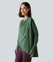 Hooded Cowl Neck Long Sleeve Thumb Hole Yoga Sports Top with Pockets - Dark Ivy