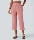 High Waisted Zipper Pocket Cropped Linen-Feel Pants - Rosette
