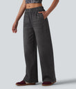 Mid Rise Denim Print French Terry Casual Sweatpants Jeans with Pockets - Smoky Washed Black