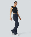 High Waisted Side Flap Pocket Flare Casual Cargo Pants - Midnight Blue