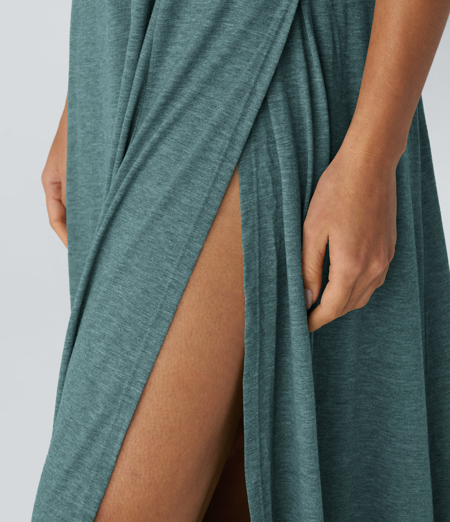 U Neck Flowy Maxi Casual Tank Dress - Jade Green Floral Yarn