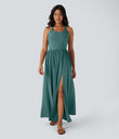 Twisted Backless Split Flowy Maxi Resort Dress with Pockets - Jade Green Floral Yarn