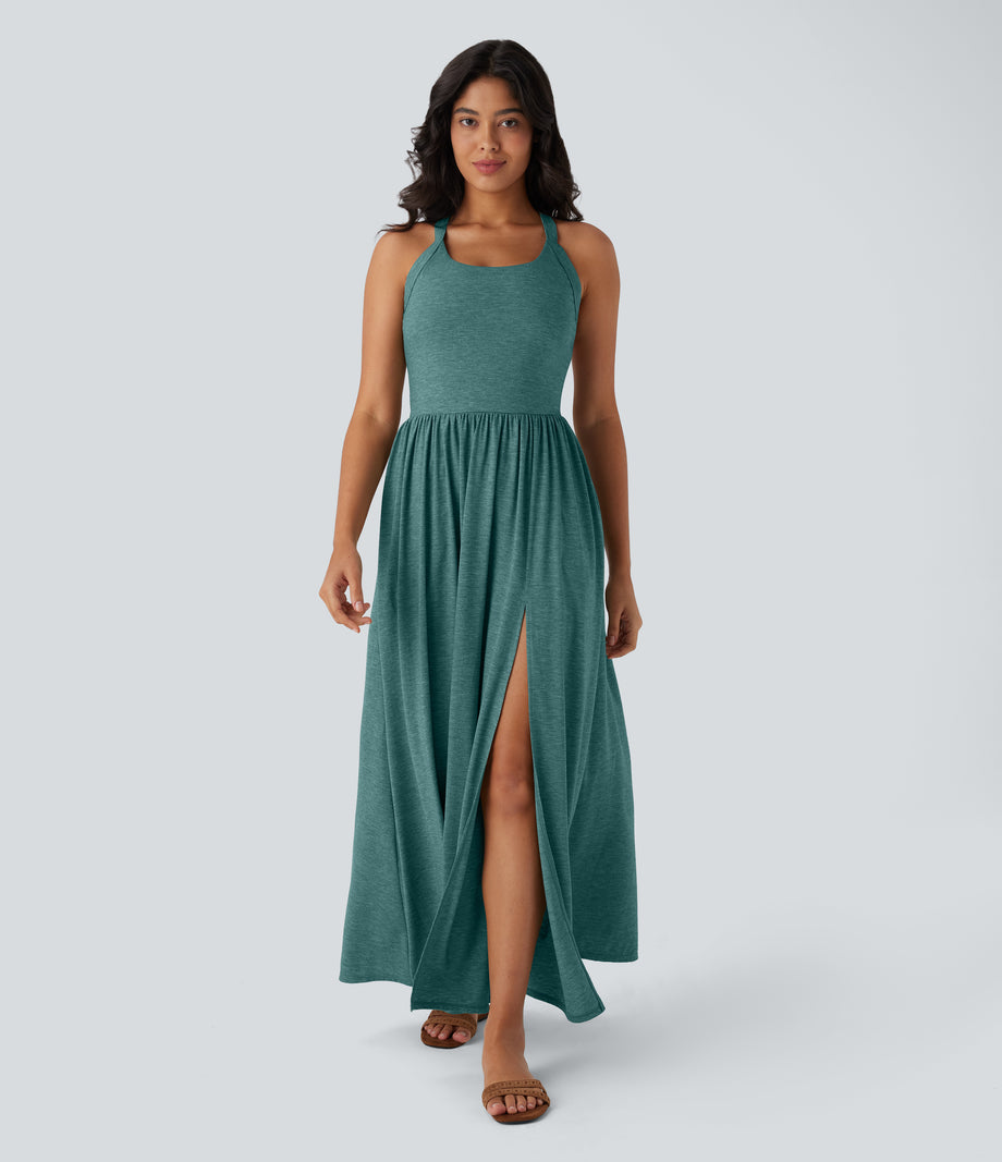 Twisted Backless Split Flowy Maxi Resort Dress with Pockets - Jade Green Floral Yarn