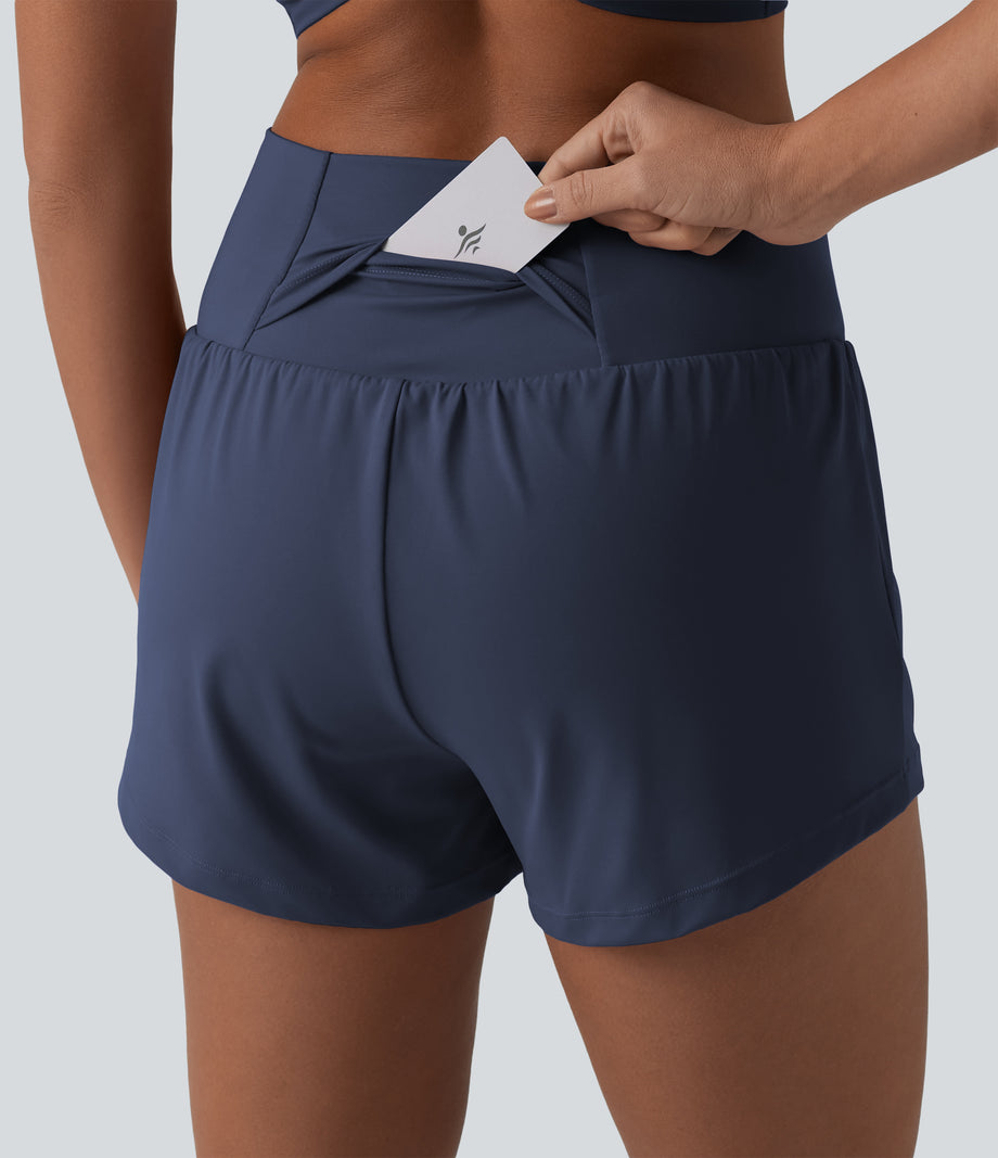 SoftlyZero™ Airy Crossover High Waisted 2-in-1 Cool Touch Yoga Shorts 3'' with Pockets - Mood Indigo
