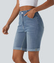 Halara Flex™ High Waisted Pockets Rolled Hem Washed Denim Casual Bermuda Shorts - Blue Spruce Denim