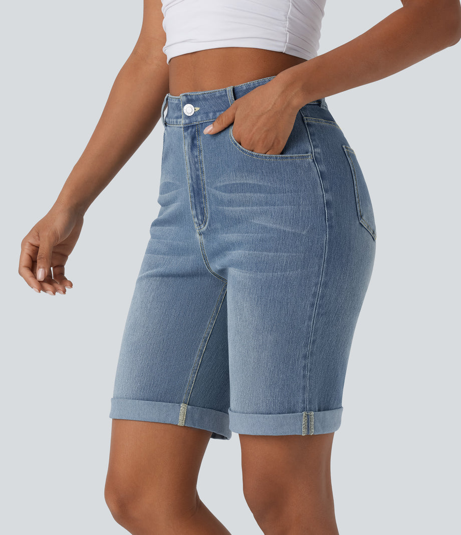 Halara Flex™ High Waisted Pockets Rolled Hem Washed Denim Casual Bermuda Shorts - Blue Spruce Denim