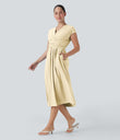 Breezeful™ V Neck Short Sleeve Pocket Tie Back Quick Dry Midi Casual Dress - Afterglow