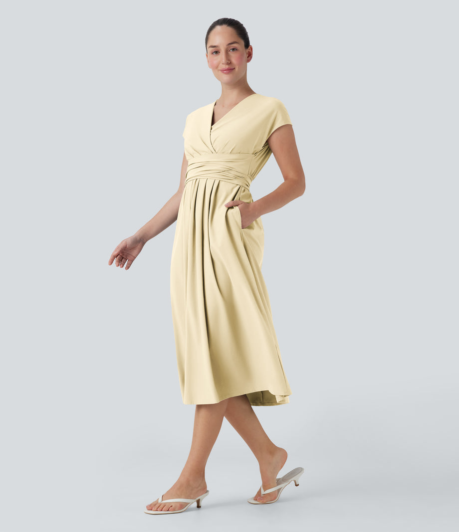 Breezeful™ V Neck Short Sleeve Pocket Tie Back Quick Dry Midi Casual Dress - Afterglow