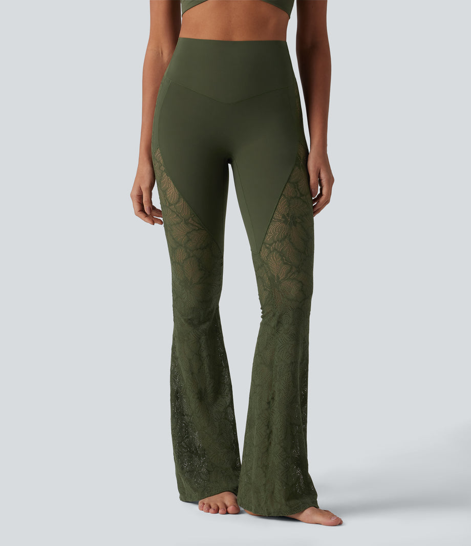Halara UltraSculpt™ High Waisted Tummy Control Contrast Lace Yoga Flare Leggings with Pocket - Deep Woodland Green