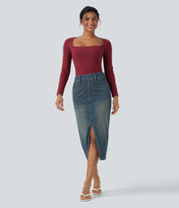Halara Flex™ High Waisted Pockets Bodycon Washed Denim Casual Midi Skirt - Cement Blue Denim