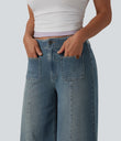 Halara Flex™ High Waisted Pockets Washed Casual Wide Leg Jeans - Blue Surf Denim