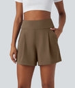 DayStretch High Waisted Work Baggy Shorts 4'' with Pockets - Sepia