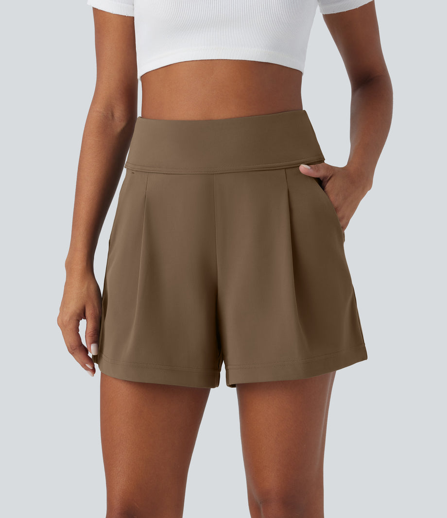 DayStretch High Waisted Work Baggy Shorts 4'' with Pockets - Sepia