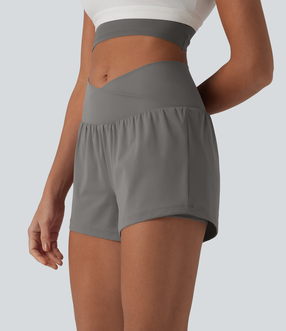 SoftlyZero™ Airy Crossover High Waisted 2-in-1 Cool Touch Yoga Shorts 3'' with Pockets - Steeple Gray