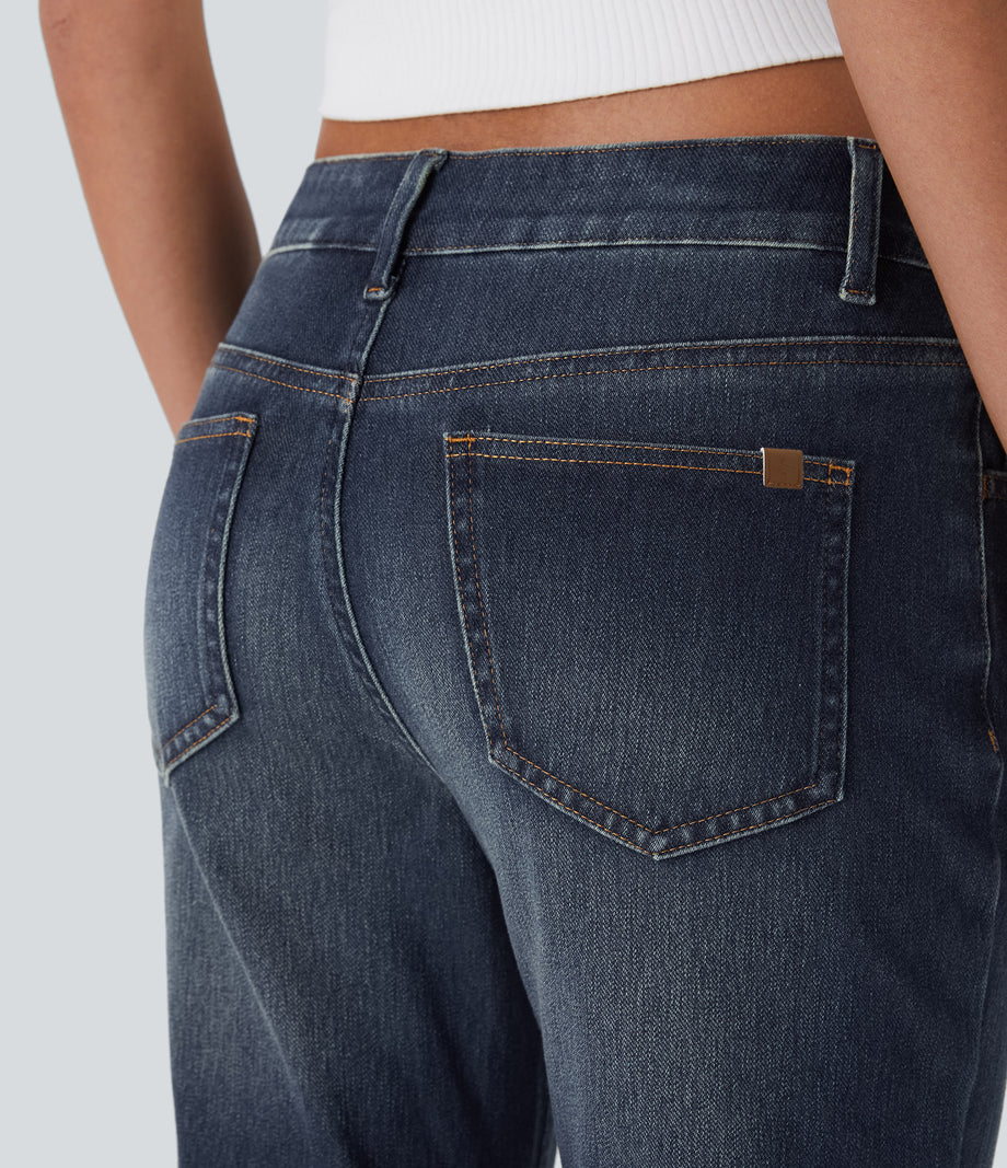 Halara Flex™ Low Rise Zipper Pockets Washed Casual Bootcut Jeans - Forest Blue Denim