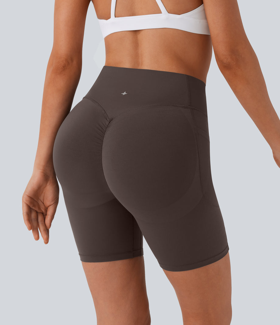 Halara UltraSculpt™ High Waisted Scrunch Butt Lifting Tummy Control Side Pocket Shaping Workout Biker Shorts 7'' - Hot Fudge