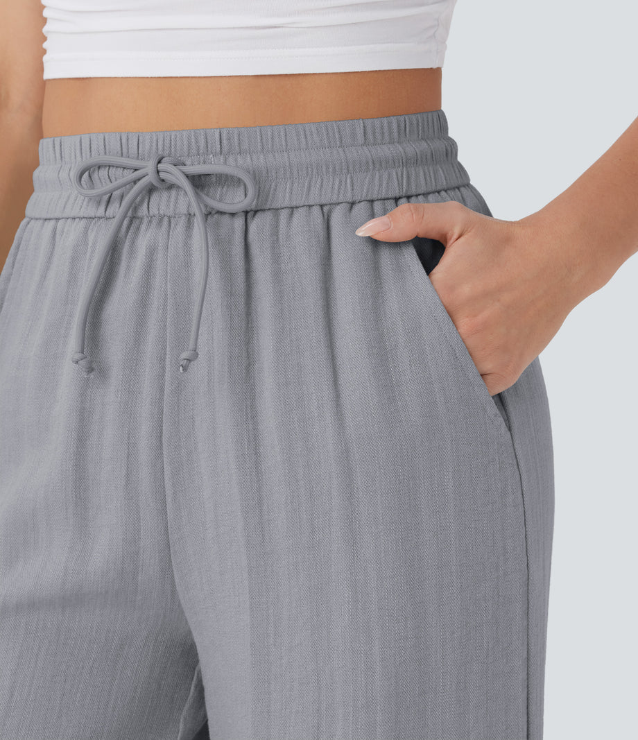 High Waisted Drawstring Pocket Wide Leg Baggy Casual Linen-Feel Pants - Steel Gray