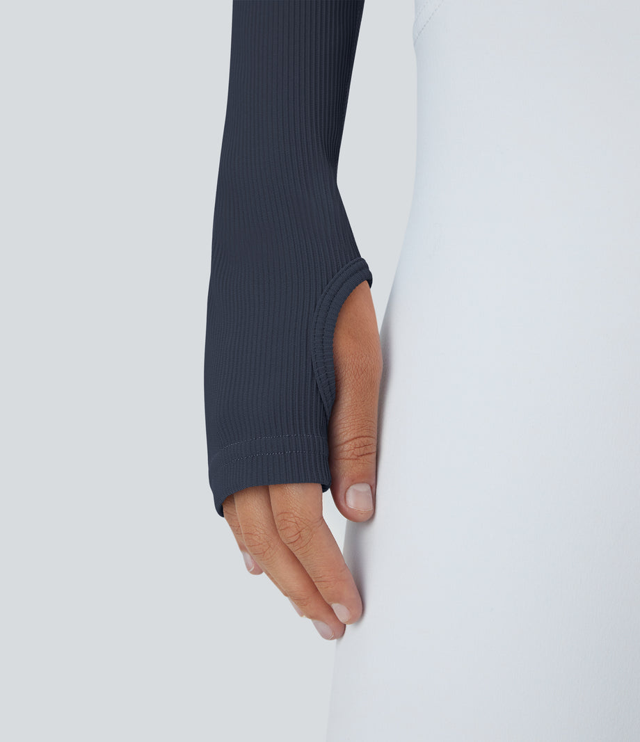 Ribbed Halter Strap Thumb Hole Cropped Yoga Sports Top - Navy Blazer