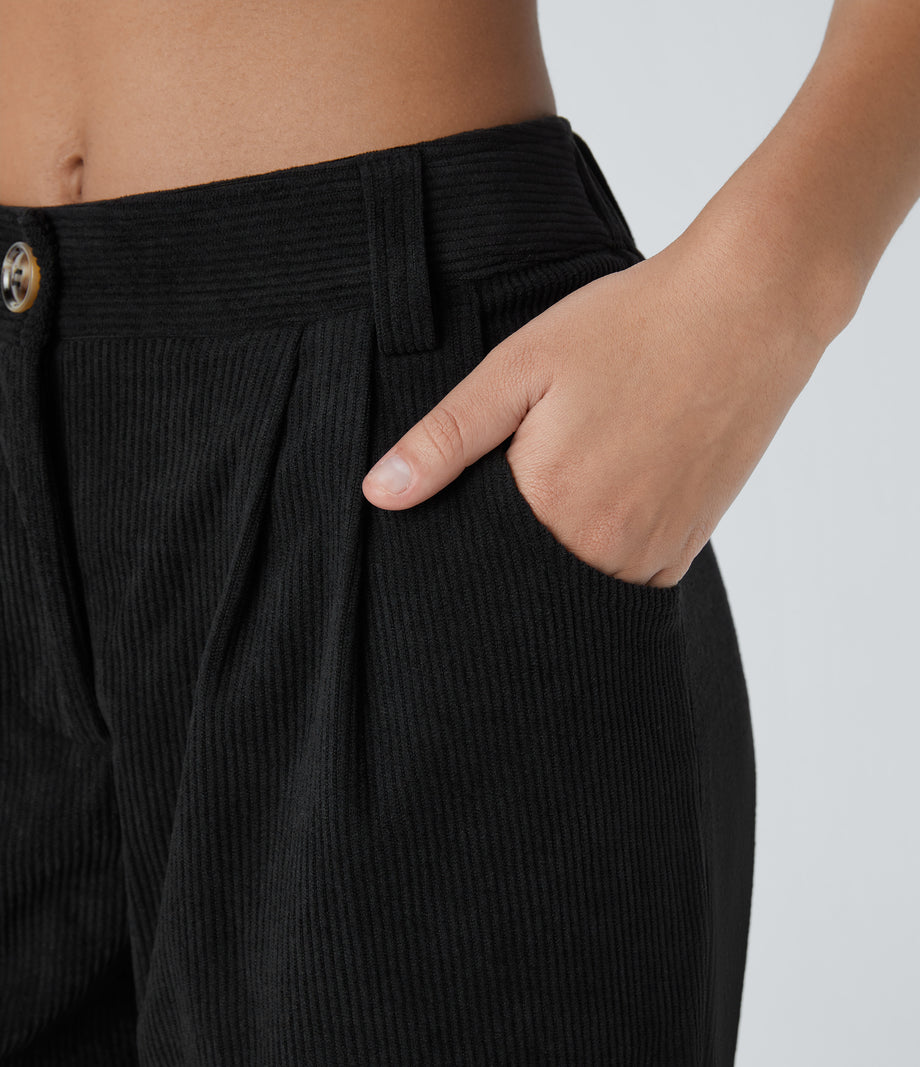 Mid Rise Zipper Pocket Corduroy Casual Pants - Black