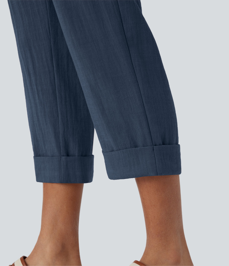 High Waisted Zipper Pocket Cropped Linen-Feel Pants - Deep Secluded Blue