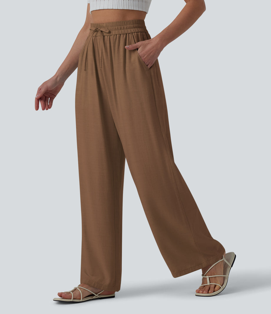 High Waisted Drawstring Wide Leg Casual Linen-Blend Pants with Pockets - Bison