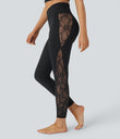 SoftlyZero™ High Waisted Crossover Contrast Lace Pocket Yoga Leggings-UPF50+ - Black
