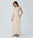 Ribbed Boat Neck Asymmetric Strap Ruched Pocket Flowy Maxi Casual Dress - Rice Khaki