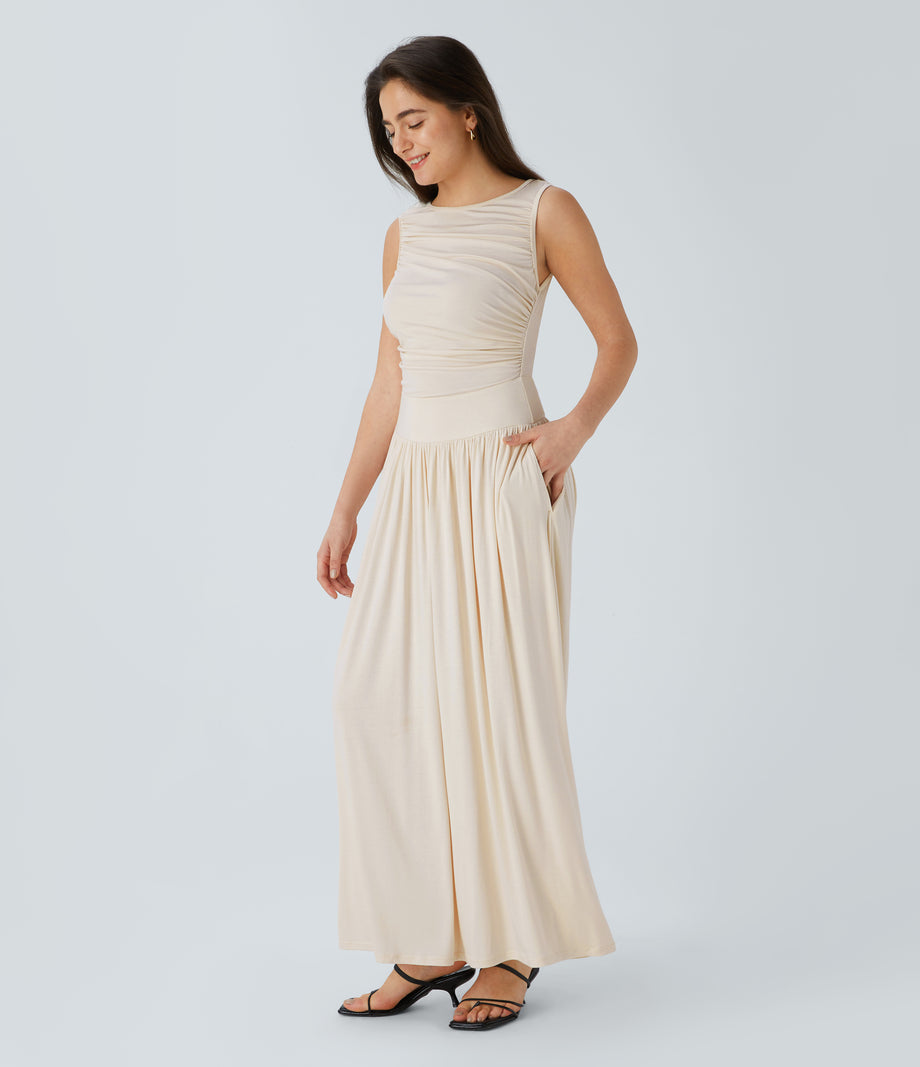 Ribbed Boat Neck Asymmetric Strap Ruched Pocket Flowy Maxi Casual Dress - Rice Khaki