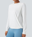 Round Neck Long Sleeve Ruched Yoga Sports Top-UPF50+ - White