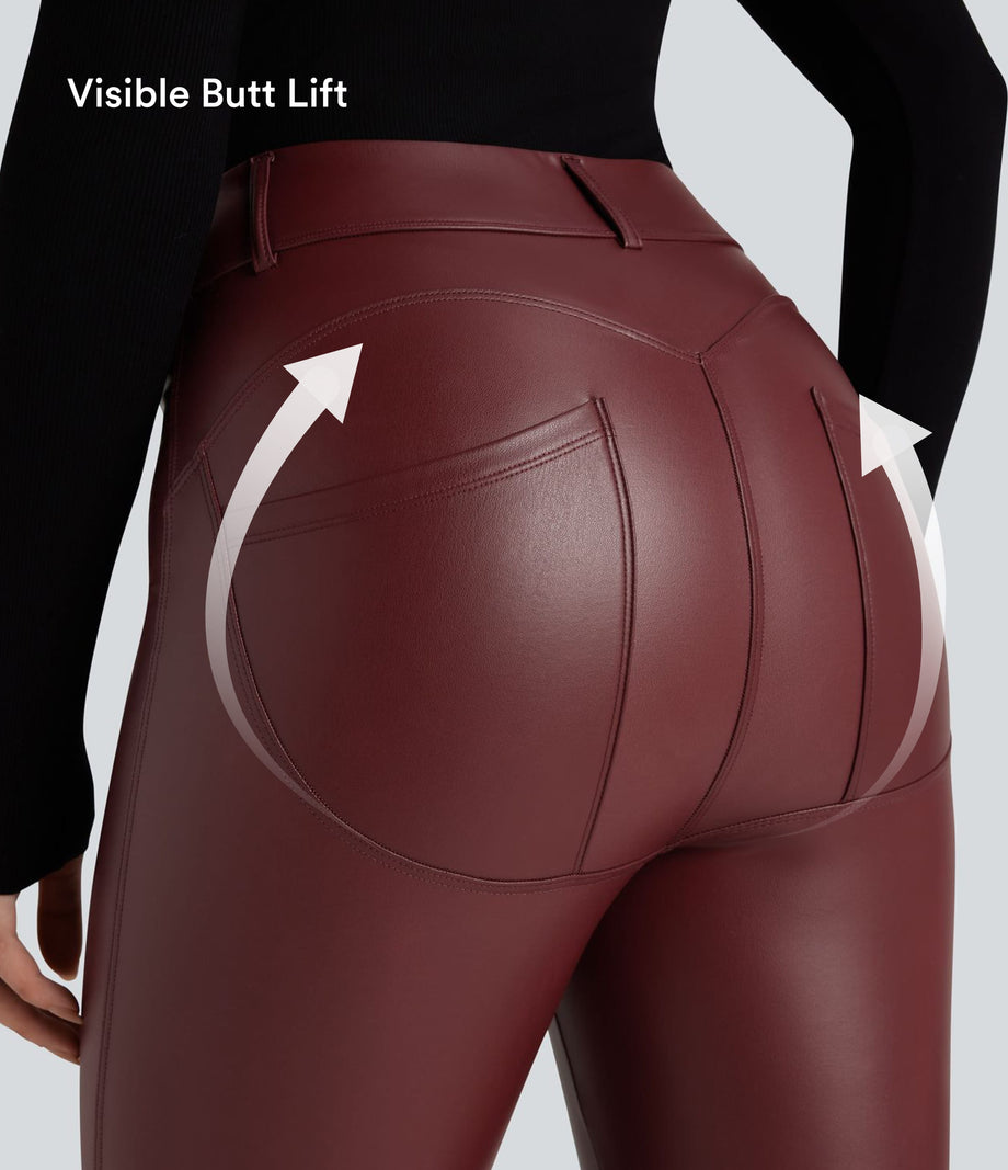 High Waisted Stretchy PU Fleece Casual Leggings with Pockets - Andorra