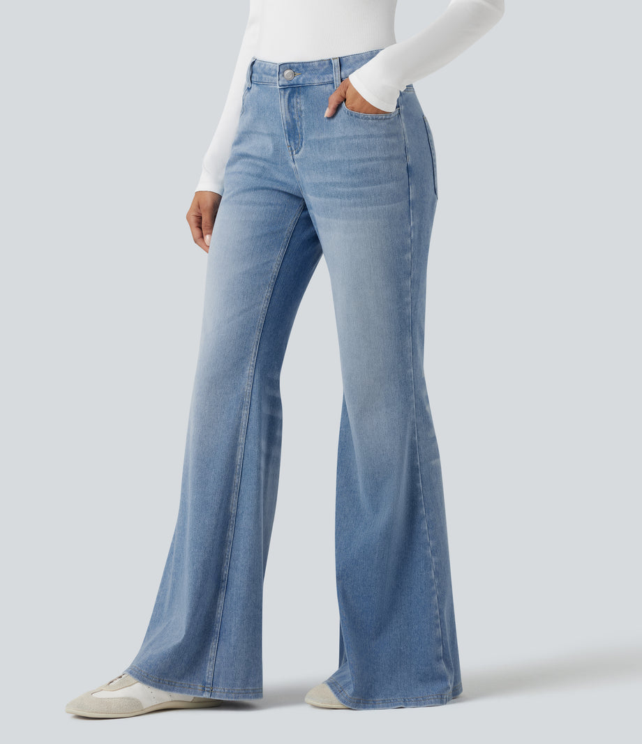 Halara Flex™ Low Rise Flare Washed Casual Jeans with Pockets - Powder Blue Denim