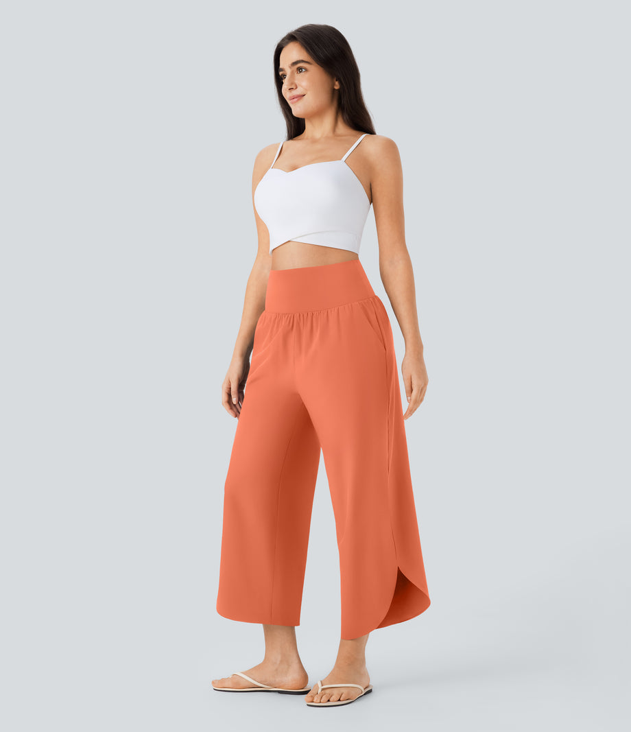Breezeful™ High Waisted Tummy Control Split Hem Quick Dry Resort Pants with Pockets - Flamingo