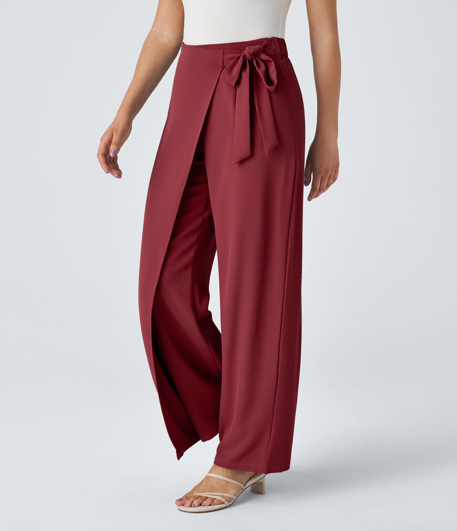 Halara Flex™ High Waisted Tie Side Wide Leg Work Pants - Plum Bossom Red