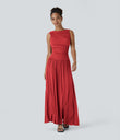 Ribbed Boat Neck Asymmetric Strap Ruched Pocket Flowy Maxi Casual Dress - Rubicondo