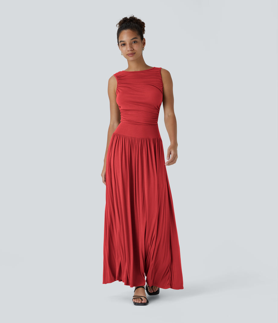 Ribbed Boat Neck Asymmetric Strap Ruched Pocket Flowy Maxi Casual Dress - Rubicondo